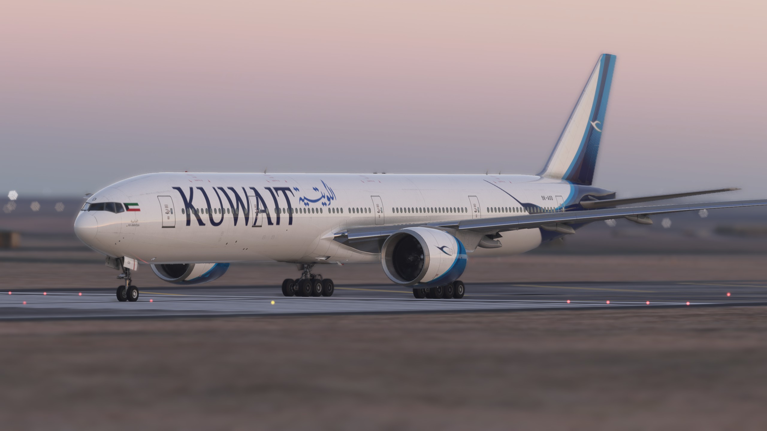 Kuwait Airways aircraft on runway at dusk